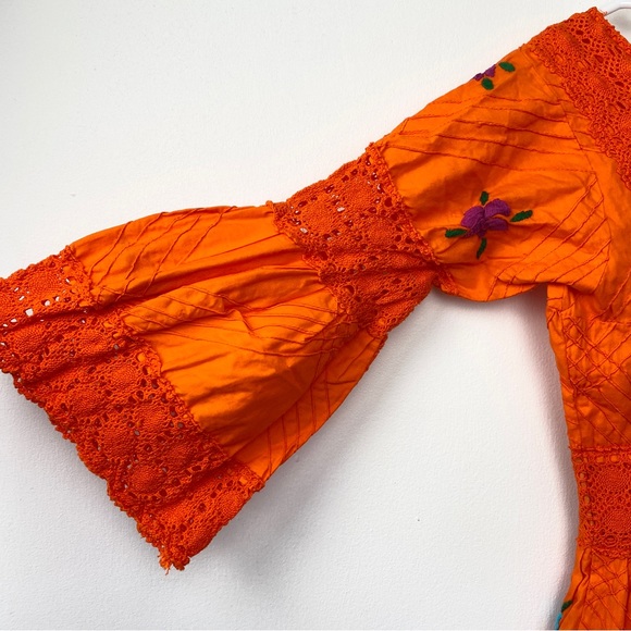 Vintage Boho Embroidered Floral Orange Maxi Dress Bell Sleeves Small - Picture 4 of 16